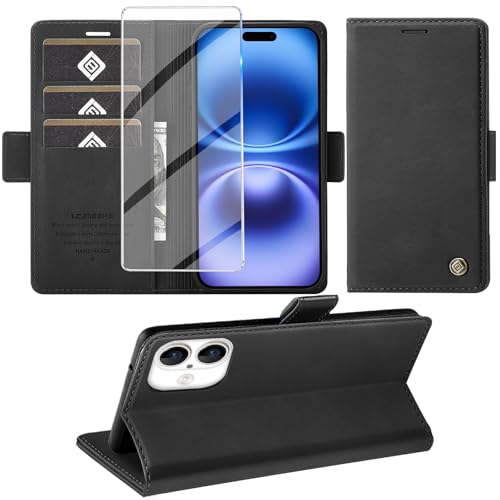 Giyer Handyhülle für iPhone 16 Hülle mit Schutzfolie, Kartenfach Wallet Klapphülle Premium Leder Standfunktion Schutzhülle für iPhone 16 4G/5G Flip Case Cover Tasche (Schwarz) von Giyer