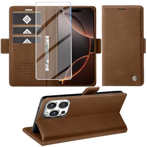 Giyer Handyhülle für iPhone 16 Pro Hülle mit Schutzfolie, Kartenfach Wallet Klapphülle Premium Leder Standfunktion Schutzhülle für iPhone 16 Pro 4G/5G Flip Case Cover Tasche (Braun) von Giyer