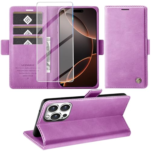 Giyer Handyhülle für iPhone 16 Pro Hülle mit Schutzfolie, Kartenfach Wallet Klapphülle Premium Leder Standfunktion Schutzhülle für iPhone 16 Pro 4G/5G Flip Case Cover Tasche (Lila) von Giyer