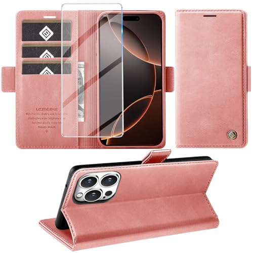 Giyer Handyhülle für iPhone 16 Pro Hülle mit Schutzfolie, Kartenfach Wallet Klapphülle Premium Leder Standfunktion Schutzhülle für iPhone 16 Pro 4G/5G Flip Case Cover Tasche (Rosa) von Giyer