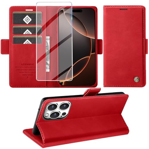 Giyer Handyhülle für iPhone 16 Pro Hülle mit Schutzfolie, Kartenfach Wallet Klapphülle Premium Leder Standfunktion Schutzhülle für iPhone 16 Pro 4G/5G Flip Case Cover Tasche (Rot) von Giyer