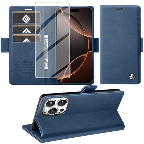 Giyer Handyhülle für iPhone 16 Pro Max Hülle mit Schutzfolie, Kartenfach Wallet Klapphülle Premium Leder Standfunktion Schutzhülle für iPhone 16 Pro Max 4G/5G Flip Case Cover Tasche (Blau) von Giyer