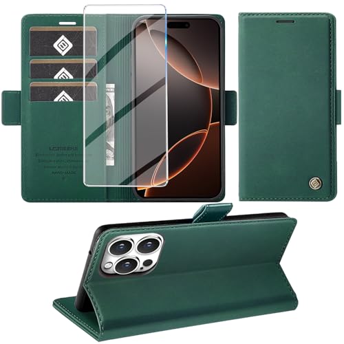 Giyer Handyhülle für iPhone 16 Pro Max Hülle mit Schutzfolie, Kartenfach Wallet Klapphülle Premium Leder Standfunktion Schutzhülle für iPhone 16 Pro Max 4G/5G Flip Case Cover Tasche (Grün) von Giyer