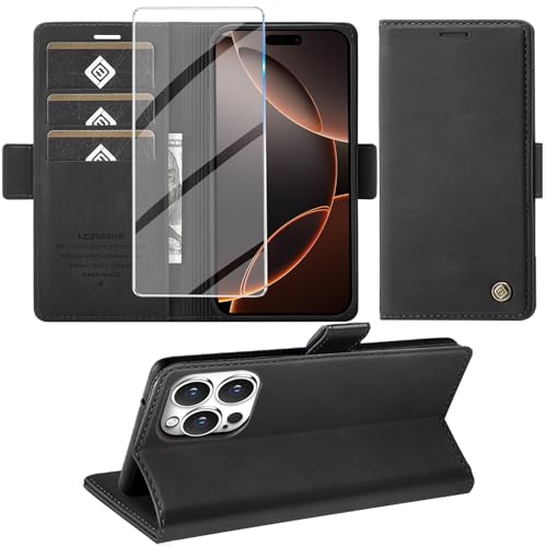 Giyer Handyhülle für iPhone 16 Pro Max Hülle mit Schutzfolie, Kartenfach Wallet Klapphülle Premium Leder Standfunktion Schutzhülle für iPhone 16 Pro Max 4G/5G Flip Case Cover Tasche (Schwarz) von Giyer