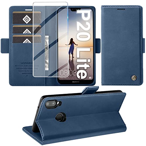 Giyer Handyhülle für Huawe P20 Lite Hülle mit Displayschutzfolie, Schutzhülle P20 Lite PU Leder Wallet Flip Case Cover Standfunktion Kartenfach Klapphülle für Huawe P20 Lite Lederhüllen (Blau) von Giyer