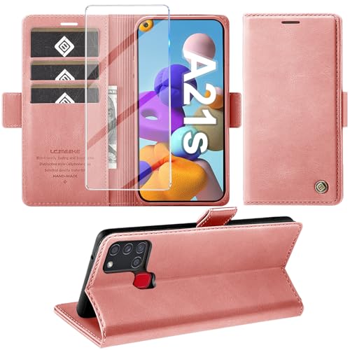 Giyer Handyhülle für Samsung Galaxy A21S Hülle mit Displayschutzfolie, Schutzhülle Galaxy A21S PU Leder Wallet Flip Case Standfunktion Kartenfach Klapphülle für Samsung A21S Tache Cover (Rosa) von Giyer