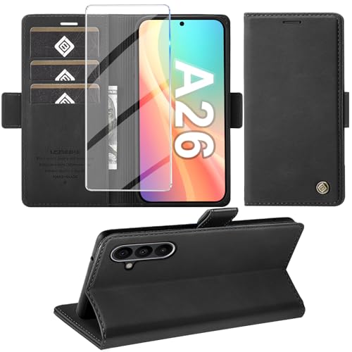 Giyer Handyhülle für Samsung Galaxy A26 5G Hülle mit Schutzfolie, Schutzhülle Galaxy A26 5G PU Leder Wallet Flip Case Standfunktion Kartenfach Klapphülle für Samsung A26 5G Cover Tasche (Schwarz) von Giyer