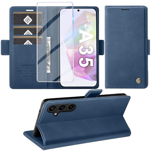 Giyer Handyhülle für Samsung Galaxy A35 5G Hülle mit Schutzfolie, Schutzhülle Galaxy A35 PU Leder Wallet Flip Case Standfunktion Kartenfach Klapphülle für Samsung A35 5G Full Cover (Blau) von Giyer