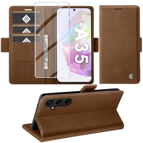 Giyer Handyhülle für Samsung Galaxy A35 5G Hülle mit Schutzfolie, Schutzhülle Galaxy A35 PU Leder Wallet Flip Case Standfunktion Kartenfach Klapphülle für Samsung A35 5G Full Cover (Braun) von Giyer