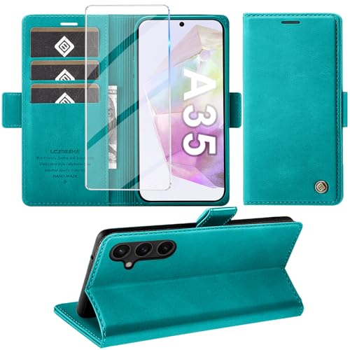 Giyer Handyhülle für Samsung Galaxy A35 5G Hülle mit Schutzfolie, Schutzhülle Galaxy A35 PU Leder Wallet Flip Case Standfunktion Kartenfach Klapphülle für Samsung A35 5G Full Cover (Cyan) von Giyer