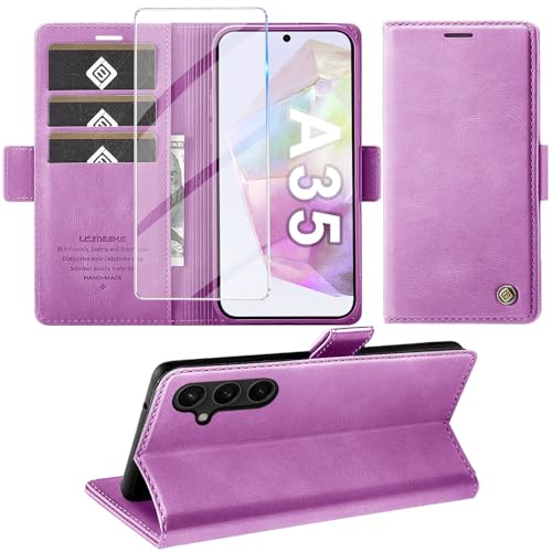 Giyer Handyhülle für Samsung Galaxy A35 5G Hülle mit Schutzfolie, Schutzhülle Galaxy A35 PU Leder Wallet Flip Case Standfunktion Kartenfach Klapphülle für Samsung A35 5G Full Cover (Lila) von Giyer