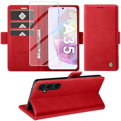 Giyer Handyhülle für Samsung Galaxy A35 5G Hülle mit Schutzfolie, Schutzhülle Galaxy A35 PU Leder Wallet Flip Case Standfunktion Kartenfach Klapphülle für Samsung A35 5G Full Cover (Rot) von Giyer