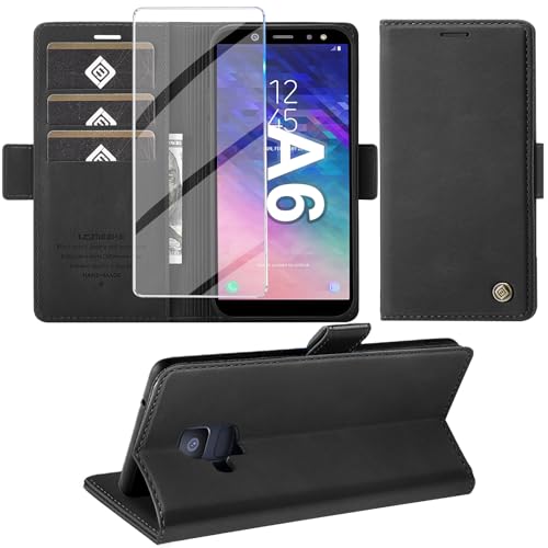 Giyer Handyhülle für Samsung Galaxy A6 Hülle mit Schutzfolie, Schutzhülle Galaxy A6 2018 PU Leder Wallet Flip Case Standfunktion Kartenfach Klapphülle für Samsung A6 Cover Tasche (Schwarz) von Giyer
