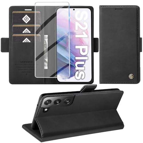 Giyer Handyhülle für Samsung Galaxy S21 Plus Hülle mit Schutzfolie, Schutzhülle Galaxy S21 Plus PU Leder Wallet Flip Case Standfunktion Kartenfach Klapphülle für Samsung S21 Plus Full Cover (Schwarz) von Giyer