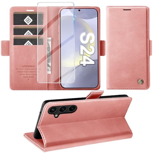 Giyer Handyhülle für Samsung Galaxy S24 5G Hülle mit Schutzfolie, Schutzhülle Galaxy S24 5G PU Leder Wallet Flip Case Standfunktion Kartenfach Klapphülle für Samsung S24 Full Cover (Rosa) von Giyer