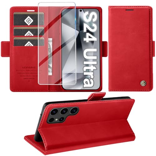 Giyer Handyhülle für Samsung Galaxy S24 Ultra Hülle mit Schutzfolie, Schutzhülle Galaxy S24 Ultra 5G PU Leder Wallet Flip Case Standfunktion Kartenfach Klapphülle für Samsung S24 Ultra Cover (Rot) von Giyer