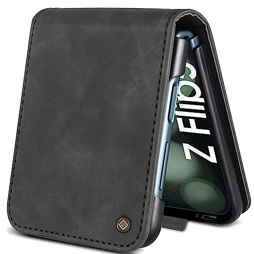 Giyer Handyhülle für Samsung Galaxy Z Flip 5 Hülle, Schutzhülle Galaxy Z Flip 5 5G PU Leder Wallet Flip Case Standfunktion Kartenfach Klapphülle für Samsung Z Flip 5 Cover (Schwarz) von Giyer