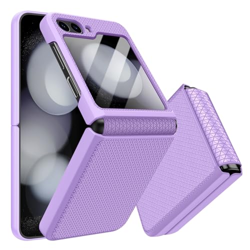 Giyer Handyhülle für Samsung Galaxy Z Flip 5 Hülle mit Displayschutzfolie Scharnierschutz, Rutschfester Textur Hard PC Rugged Stoßfest Schutzhülle für Samsung Z Flip 5 5G Flip Case Cover (Lila) von Giyer