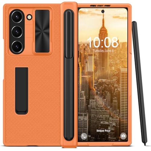 Giyer Handyhülle für Samsung Galaxy Z Fold 6 Hülle mit Displayschutzfolie Scharnierschutz Ständer, Rutschfester Textur Hard PC Rugged Stoßfest Schutzhülle für Samsung Z Fold 6 5G Case Cover (Orange) von Giyer