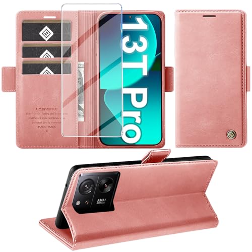 Giyer Handyhülle für Xiaomi 13T/13T Pro Hülle mit Schutzfolie, Schutzhülle 13T Pro 5G PU Leder Wallet Flip Case Ständer Kartenfach Klapphülle für Xiaomi 13T Pro/13T Tache Full Cover (Rosa) von Giyer