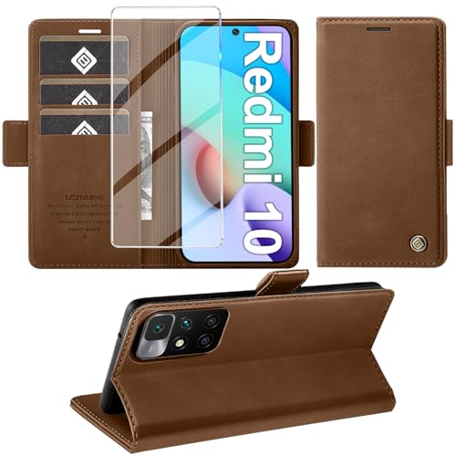 Giyer Handyhülle für Xiaomi Redmi 10 Hülle mit Schutzfolie, Schutzhülle für Redmi 10 PU Leder Wallet Flip Case Ständer Kartenfach Klapphülle Lederhülle für Xiaomi Redmi 10 4G/5G Cover (Braun) von Giyer