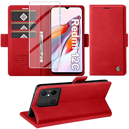 Giyer Handyhülle für Xiaomi Redmi 12C Hülle mit Displayschutzfolie, Schutzhülle für Redmi 12C PU Leder Wallet Flip Case Standfunktion Kartenfach Klapphülle Lederhülle für Xiaomi 12C Cover (Rot) von Giyer