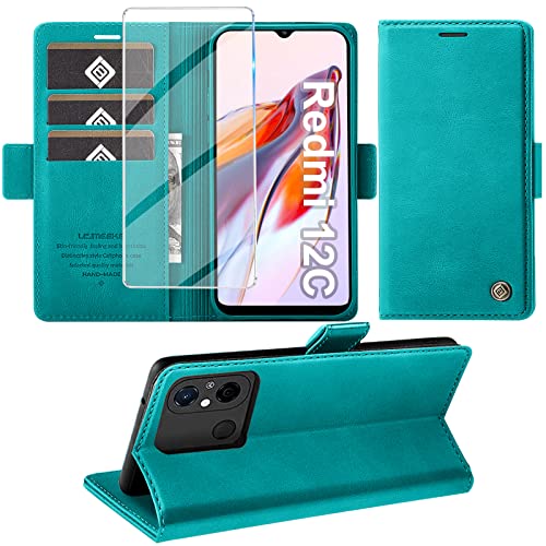 Giyer Handyhülle für Xiaomi Redmi 12C Hülle mit Displayschutzfolie, Schutzhülle für Redmi 12C PU Leder Wallet Flip Case Standfunktion Kartenfach Klapphülle Lederhülle für Xiaomi 12C Cover (Cyan) von Giyer