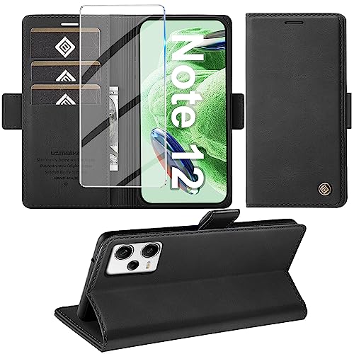 Giyer Handyhülle für Xiaomi Redmi Note 12 5G Hülle mit Displayschutzfolie, Schutzhülle PU Leder Wallet Flip Case Ständer Kartenfach Klapphülle Tache (Schwarz) von Giyer