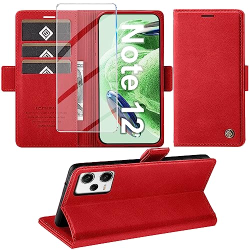 Giyer Handyhülle für Xiaomi Redmi Note 12 5G Hülle mit Displayschutzfolie, Schutzhülle Redmi Note 12 5G PU Leder Wallet Flip Case Ständer Kartenfach Klapphülle für Xiaomi Note 12 5G Tache (Rot) von Giyer
