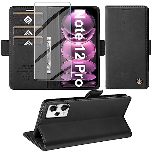 Giyer Handyhülle für Xiaomi Redmi Note 12 Pro 5G Hülle mit Displayschutzfolie, Schutzhülle Note 12 Pro PU Leder Wallet Flip Case Ständer Kartenfach Klapphülle für Xiaomi Note 12 Pro Tache (Schwarz) von Giyer