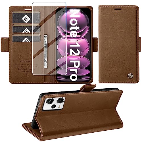 Giyer Handyhülle für Xiaomi Redmi Note 12 Pro 5G Hülle mit Displayschutzfolie, Schutzhülle Note 12 Pro PU Leder Wallet Flip Case Ständer Kartenfach Klapphülle für Xiaomi Note 12 Pro Tache (Braun) von Giyer