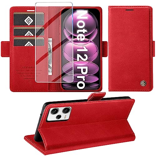 Giyer Handyhülle für Xiaomi Redmi Note 12 Pro 5G Hülle mit Displayschutzfolie, Schutzhülle Note 12 Pro PU Leder Wallet Flip Case Ständer Kartenfach Klapphülle für Xiaomi Note 12 Pro Tache (Rot) von Giyer