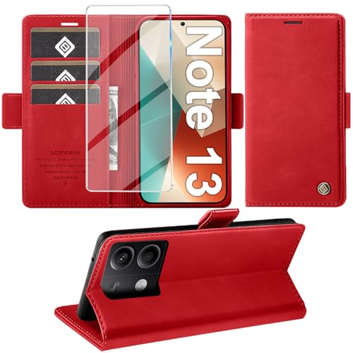 Giyer Handyhülle für Xiaomi Redmi Note 13 5G Hülle mit Displayschutzfolie, Schutzhülle Redmi Note 13 5G PU Leder Wallet Flip Case Ständer Kartenfach Klapphülle für Xiaomi Note 13 5G Tache (Rot) von Giyer