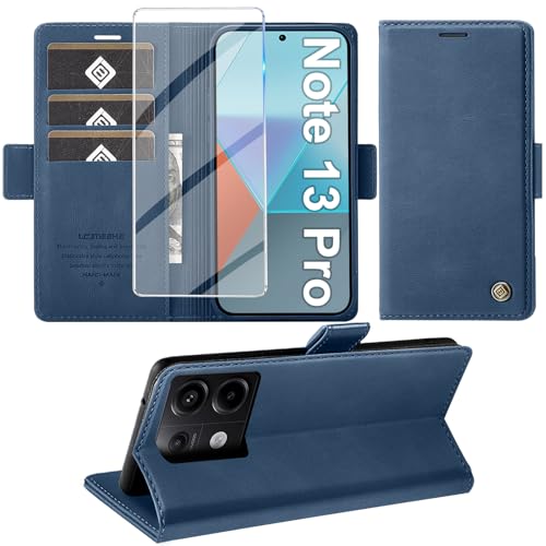 Giyer Handyhülle für Xiaomi Redmi Note 13 Pro 5G Hülle mit Schutzfolie, Schutzhülle Redmi Note 13 Pro 5G PU Leder Wallet Flip Case Ständer Kartenfach Klapphülle für Xiaomi Note 13 Pro Tache (Blau) von Giyer