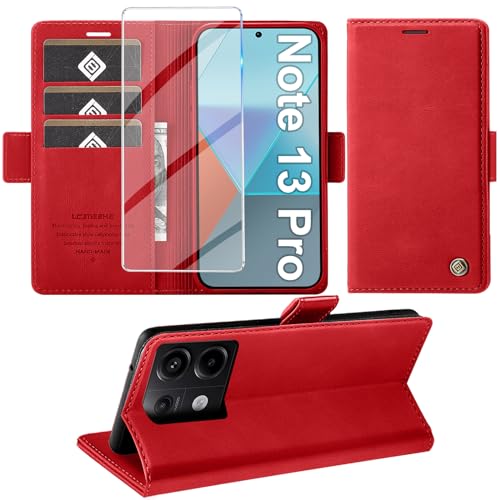 Giyer Handyhülle für Xiaomi Redmi Note 13 Pro 5G Hülle mit Schutzfolie, Schutzhülle Redmi Note 13 Pro 5G PU Leder Wallet Flip Case Ständer Kartenfach Klapphülle für Xiaomi Note 13 Pro Tache (Rot) von Giyer