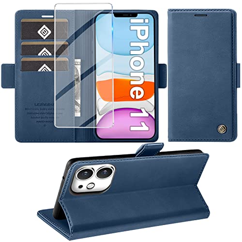 Giyer Handyhülle für iPhone 11 Hülle mit Schutzfolie, Standfunktion Kartenfach Wallet Premium Leder Schutzhülle für iPhone 11 5G 6.1 Zoll Flip Case Cover Stoßfeste Klapphülle (Blau) von Giyer
