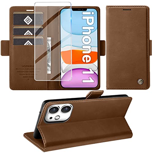 Giyer Handyhülle für iPhone 11 Hülle mit Schutzfolie, Standfunktion Kartenfach Wallet Premium Leder Schutzhülle für iPhone 11 5G 6.1 Zoll Flip Case Cover Stoßfeste Klapphülle (Braun) von Giyer