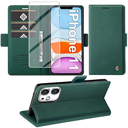 Giyer Handyhülle für iPhone 11 Hülle mit Schutzfolie, Standfunktion Kartenfach Wallet Premium Leder Schutzhülle für iPhone 11 5G 6.1 Zoll Flip Case Cover Stoßfeste Klapphülle (Grün) von Giyer