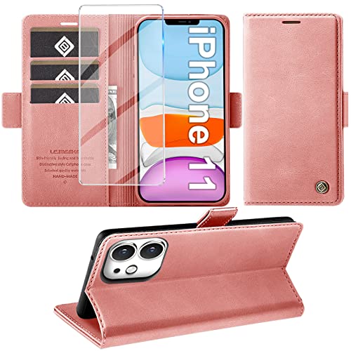 Giyer Handyhülle für iPhone 11 Hülle mit Schutzfolie, Standfunktion Kartenfach Wallet Premium Leder Schutzhülle für iPhone 11 5G 6.1 Zoll Flip Case Cover Stoßfeste Klapphülle (Rosa) von Giyer