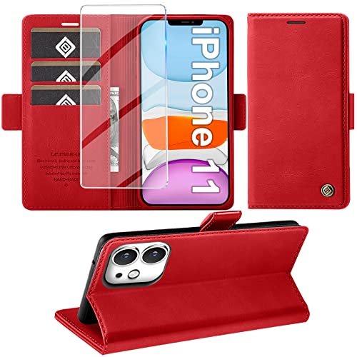 Giyer Handyhülle für iPhone 11 Hülle mit Schutzfolie, Standfunktion Kartenfach Wallet Premium Leder Schutzhülle für iPhone 11 5G 6.1 Zoll Flip Case Cover Stoßfeste Klapphülle (Rot) von Giyer