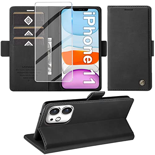 Giyer Handyhülle für iPhone 11 Hülle mit Schutzfolie, Standfunktion Kartenfach Wallet Premium Leder Schutzhülle für iPhone 11 5G 6.1 Zoll Flip Case Cover Stoßfeste Klapphülle (Schwarz) von Giyer