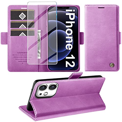 Giyer Handyhülle für iPhone 12/12 Pro Hülle mit Schutzfolie, Standfunktion Kartenfach Wallet Premium Leder Schutzhülle für iPhone 12/12 Pro 5G 6.1 Zoll Flip Case Cover Stoßfeste Klapphülle (Lila) von Giyer