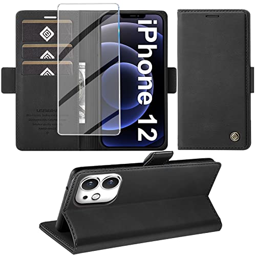 Giyer Handyhülle für iPhone 12/12 Pro Hülle mit Schutzfolie, Standfunktion Kartenfach Wallet Premium Leder Schutzhülle für iPhone 12/12 Pro 5G 6.1 Zoll Flip Case Cover Stoßfeste Klapphülle (Schwarz) von Giyer