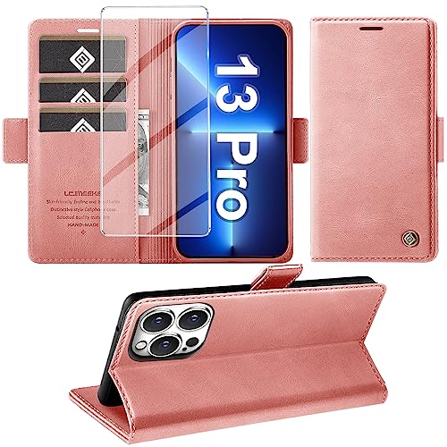 Giyer Handyhülle für iPhone 13 Pro Hülle mit Displayschutzfolie, Leder Wallet Kartenfach Ständer Tasche Schutzhülle für iPhone 13 Pro 5G Flip Case Kameraschutz Bumper Vollschutz Klapphülle (Rosa) von Giyer