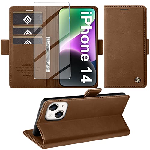 Giyer Handyhülle für iPhone 14 Hülle mit Schutzfolie, Standfunktion Kartenfach Wallet Premium Leder Schutzhülle für iPhone 14 5G 6.1 Zoll Flip Case Cover Stoßfeste Klapphülle (Braun) von Giyer