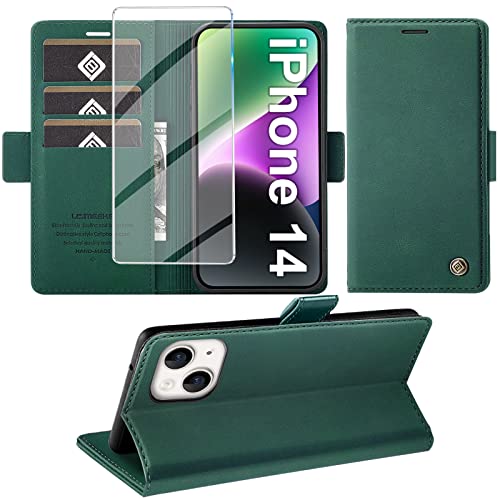 Giyer Handyhülle für iPhone 14 Hülle mit Schutzfolie, Standfunktion Kartenfach Wallet Premium Leder Schutzhülle für iPhone 14 5G 6.1 Zoll Flip Case Cover Stoßfeste Klapphülle (Grün) von Giyer