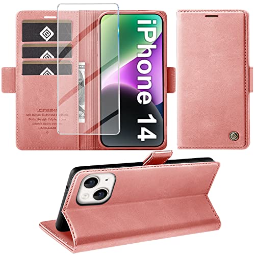 Giyer Handyhülle für iPhone 14 Hülle mit Schutzfolie, Standfunktion Kartenfach Wallet Premium Leder Schutzhülle für iPhone 14 5G 6.1 Zoll Flip Case Cover Stoßfeste Klapphülle (Rosa) von Giyer