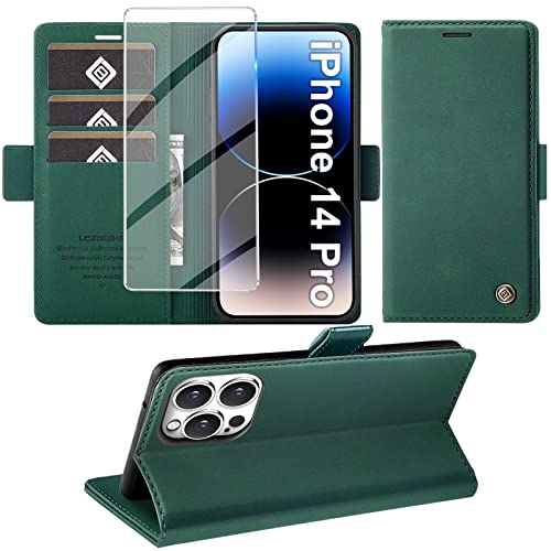 Giyer Handyhülle für iPhone 14 Pro Hülle mit Schutzfolie, Standfunktion Kartenfach Wallet Premium Leder Schutzhülle für iPhone 14 Pro 5G 6.1 Zoll Flip Case Cover Stoßfeste Klapphülle (Grün) von Giyer