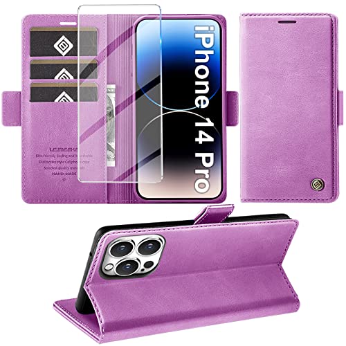 Giyer Handyhülle für iPhone 14 Pro Hülle mit Schutzfolie, Standfunktion Kartenfach Wallet Premium Leder Schutzhülle für iPhone 14 Pro 5G 6.1 Zoll Flip Case Cover Stoßfeste Klapphülle (Lila) von Giyer