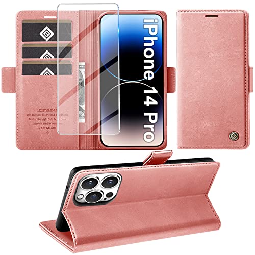 Giyer Handyhülle für iPhone 14 Pro Hülle mit Schutzfolie, Standfunktion Kartenfach Wallet Premium Leder Schutzhülle für iPhone 14 Pro 5G 6.1 Zoll Flip Case Cover Stoßfeste Klapphülle (Rosa) von Giyer